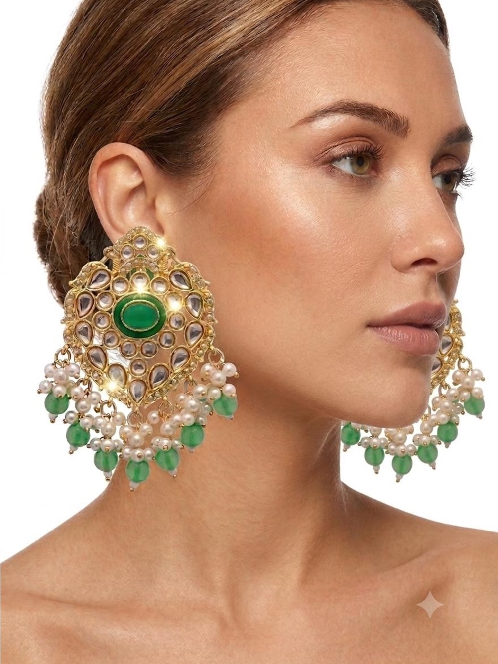 Gold-Plated Chandbali Earrings with Green Stones and Pearls